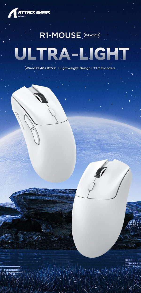 Planet Gates Attack Shark R1 Bluetooth Mouse,18000dpi,PAW3311,Wiredless Tri-mode Connection, Macro Gaming Mouse
