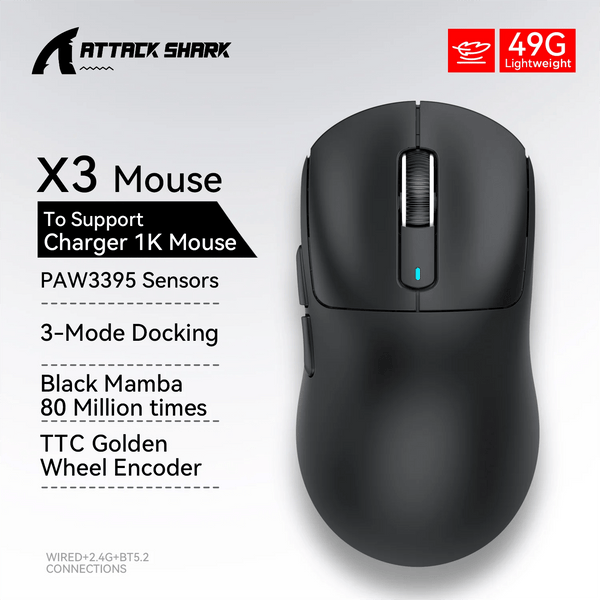 Planet Gates Attack Shark X3 Bluetooth Mouse,PixArt PAW3395,Tri-Mode Connection,Wired 8KHz/Wiredless 4KHz,,Macro Gaming Mouse