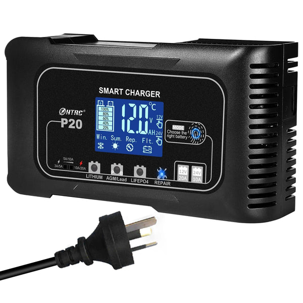 Planet Gates AU Plug / CHINA HTRC 20A 12V-24V Smart Battery Charger for Motorcycle Car Battery Repair Auto Moto Lead Acid AGM GEL PB Lithium LiFePo4 Batteri