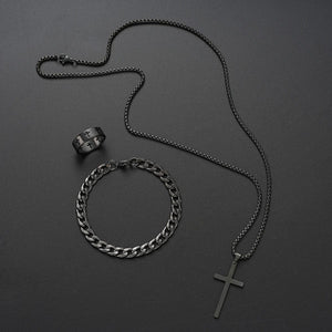 Planet Gates AY6077701 3 Pcs Stainless Steel Bracelet Necklace Ring for Men Women Retro Simple And Personalized Punk Hip Hop Jewelry Set Fashion Gifts