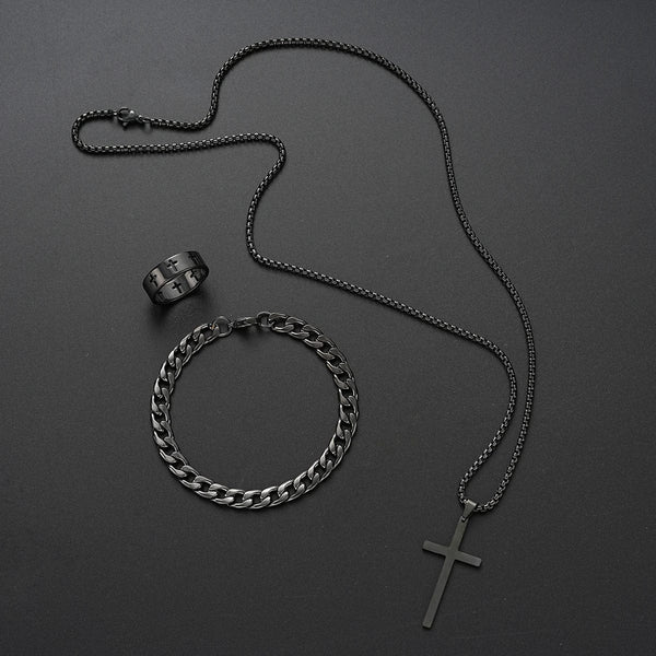 Planet Gates AY6077701 3 Pcs Stainless Steel Bracelet Necklace Ring for Men Women Retro Simple And Personalized Punk Hip Hop Jewelry Set Fashion Gifts