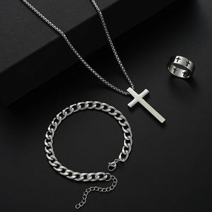 Planet Gates AY6077701 3 Pcs Stainless Steel Bracelet Necklace Ring for Men Women Retro Simple And Personalized Punk Hip Hop Jewelry Set Fashion Gifts