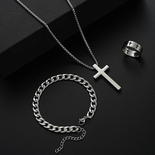 Planet Gates AY6077701 3 Pcs Stainless Steel Bracelet Necklace Ring for Men Women Retro Simple And Personalized Punk Hip Hop Jewelry Set Fashion Gifts