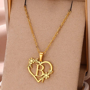 Planet Gates B / 45cm / CHINA Gold Color Dainty Flower Initials Necklace Women Girl Stainless Steel Heart Letter Choker Necklace Best Gifts Alphabet Jewelry