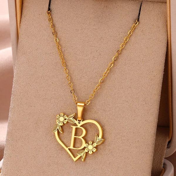 Planet Gates B / 45cm / CHINA Gold Color Dainty Flower Initials Necklace Women Girl Stainless Steel Heart Letter Choker Necklace Best Gifts Alphabet Jewelry