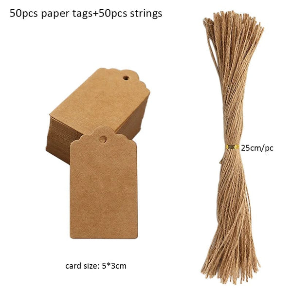 Planet Gates B-5x3cm-kraft 50pcs Kraft Paper Tags White Cardboard Cards with Strings Wedding Birthday Christmas Party Gift Tag Cookie Packaging Supplies