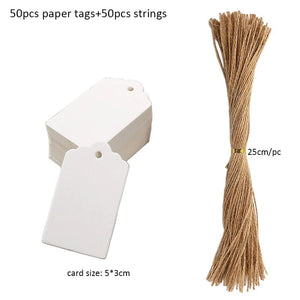 Planet Gates B-5x3cm-white 50pcs Kraft Paper Tags White Cardboard Cards with Strings Wedding Birthday Christmas Party Gift Tag Cookie Packaging Supplies