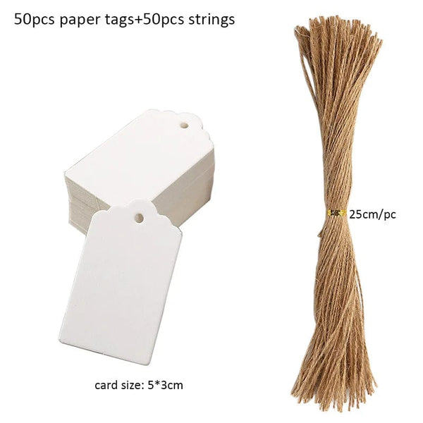 Planet Gates B-5x3cm-white 50pcs Kraft Paper Tags White Cardboard Cards with Strings Wedding Birthday Christmas Party Gift Tag Cookie Packaging Supplies