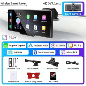 Planet Gates (B)Front Camera 32G / france 10.26" Dash Cam 4K 3840x2160 Wireless Carplay & Android Auto Navigation Voice Control Car DVR Rearview Camera BT Monitor Screen