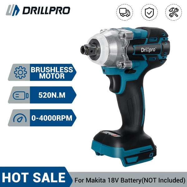 Planet Gates B Without Battery / CHINA Drillpro 520N.M Brushless Cordless Electric Impact Wrench 1/2 inch Socket Wrench Power Tools Rechargeable For Makita 18V Battery