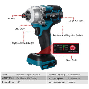 Planet Gates B Without Battery / CHINA Drillpro 520N.M Brushless Cordless Electric Impact Wrench 1/2 inch Socket Wrench Power Tools Rechargeable For Makita 18V Battery
