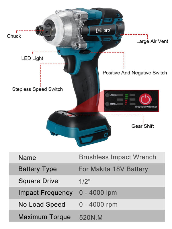 Planet Gates B Without Battery / CHINA Drillpro 520N.M Brushless Cordless Electric Impact Wrench 1/2 inch Socket Wrench Power Tools Rechargeable For Makita 18V Battery