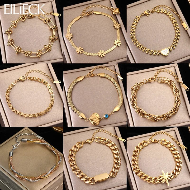 Planet Gates B028 EILIECK 316L Stainless Steel Gold Color Bracelet for Women Simple Style Link Chain Bangle Trendy Fashion Non-fading Jewelry Gift
