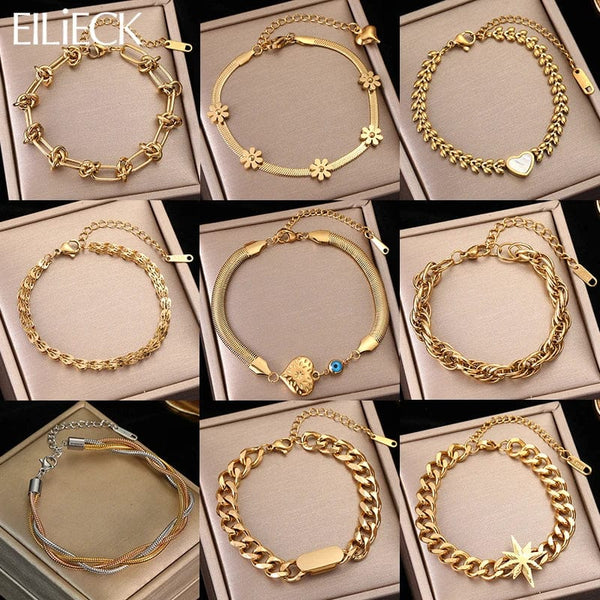 Planet Gates B028 EILIECK 316L Stainless Steel Gold Color Bracelet for Women Simple Style Link Chain Bangle Trendy Fashion Non-fading Jewelry Gift