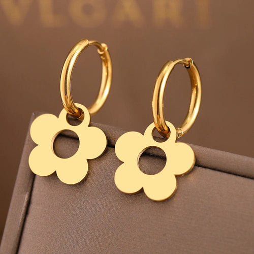 Planet Gates B1043 Stainless Steel Earrings Cute Cartoon Flower Pendants Korean Fashion Hoop Earrings For Women Jewelry Best Friend Wedding Gifts