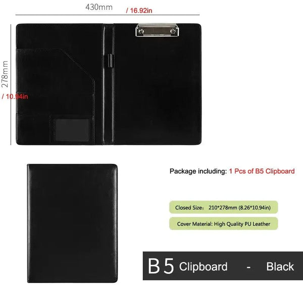 Planet Gates B5 Black Metal Clip A5 / B5 Leather Padfolio Portfolio File Folder Clipboard Document Holder Business Contract Paper Clamp Writing Pad for Office