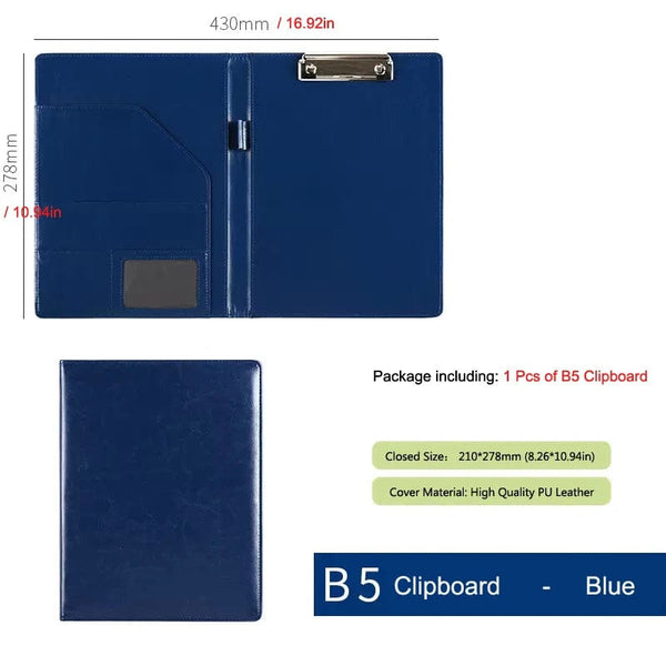 Planet Gates B5 Blue Metal Clip A5 / B5 Leather Padfolio Portfolio File Folder Clipboard Document Holder Business Contract Paper Clamp Writing Pad for Office