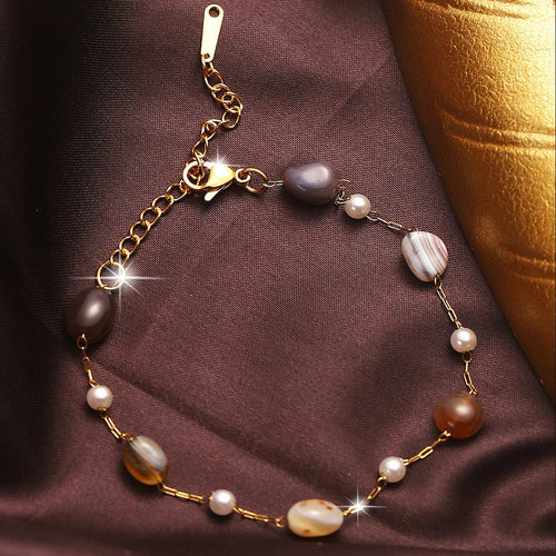 Planet Gates B684 / 26cm 1 Multi-layer pearl natural stone Stainless steel bracelet Hip Hop Cuban Bracelet for couples Holiday party gift (stone size is