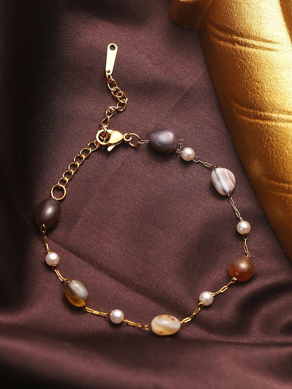 Planet Gates B684 / 26cm 1 Multi-layer pearl natural stone Stainless steel bracelet Hip Hop Cuban Bracelet for couples Holiday party gift (stone size is