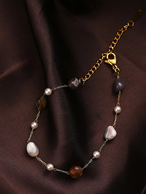 Planet Gates B684 / 26cm 1 Multi-layer pearl natural stone Stainless steel bracelet Hip Hop Cuban Bracelet for couples Holiday party gift (stone size is