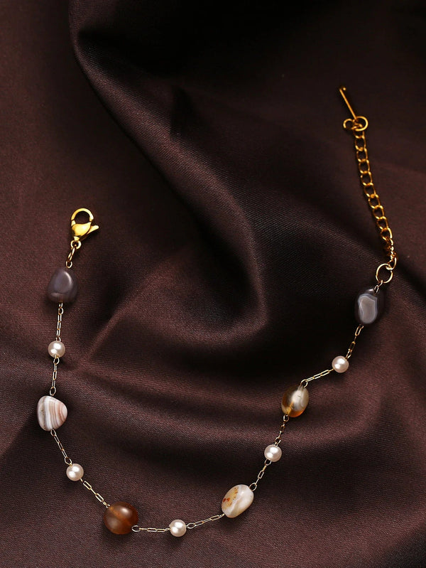 Planet Gates B684 / 26cm 1 Multi-layer pearl natural stone Stainless steel bracelet Hip Hop Cuban Bracelet for couples Holiday party gift (stone size is