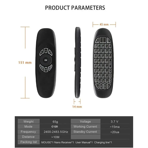 Planet Gates Backlit / CHINA C120 RGB Backlight Fly Air Mouse Gyro Sensor Wireless 2.4G RF Keyboard Remote Control For Android Smart TV Box