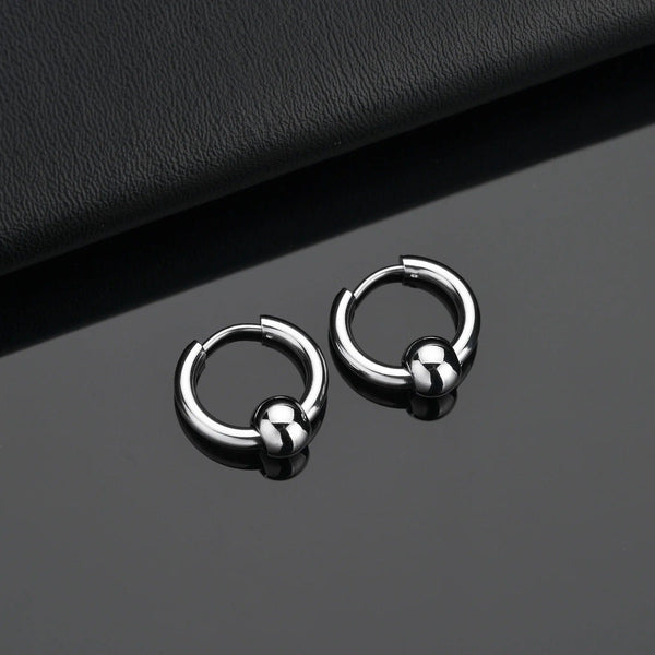 Planet Gates Ball Silver Black / 12mm 1 Pair Stainless Steel Hoop Earrings for Men Women Small Circle Metal Ball Anti-allergic Ear Buckle Rock Hip Hop Jewelry