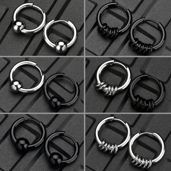 Planet Gates Ball Silver Black / 12mm 1 Pair Stainless Steel Hoop Earrings for Men Women Small Circle Metal Ball Anti-allergic Ear Buckle Rock Hip Hop Jewelry