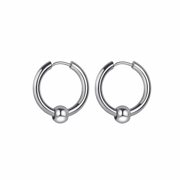 Planet Gates Ball Silver Black / 12mm 1 Pair Stainless Steel Hoop Earrings for Men Women Small Circle Metal Ball Anti-allergic Ear Buckle Rock Hip Hop Jewelry