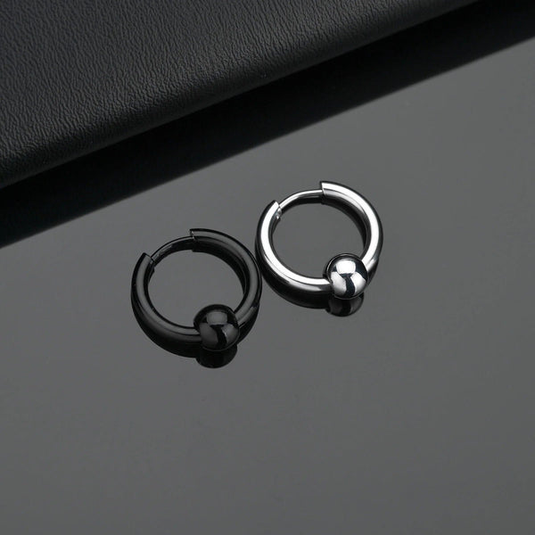 Planet Gates Ball Silver Black / 12mm 1 Pair Stainless Steel Hoop Earrings for Men Women Small Circle Metal Ball Anti-allergic Ear Buckle Rock Hip Hop Jewelry