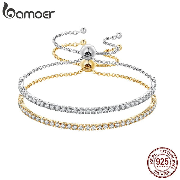 Planet Gates BAMOER 14K Gold Plated CZ Classic Tennis Bracelet for Women, 925 Sterling Silver Adjustable Slider Bracelet Wedding Jewelry Gift
