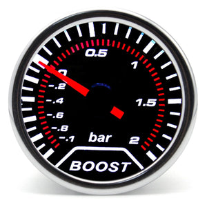 Planet Gates BAR Boost gauge 2" 52mm Universal 12V LED Smoke Len -1~0~2 BAR Turbo Boost Gauge Meter / Turbo Boost Meter with White LED Backlight For 12V Car