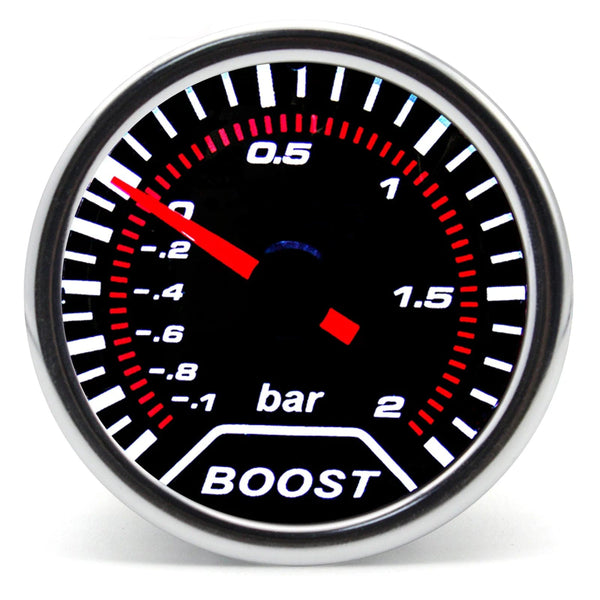 Planet Gates BAR Boost gauge 2" 52mm Universal 12V LED Smoke Len -1~0~2 BAR Turbo Boost Gauge Meter / Turbo Boost Meter with White LED Backlight For 12V Car