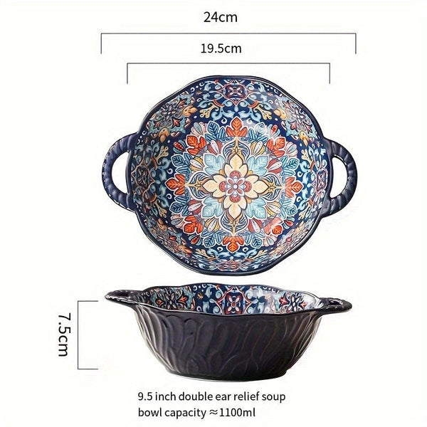 Planet Gates Baroque 1PC 24.13 Cm Underglaze Color Bohemia Polish Style Double Ear Handle Soup Bowl, Embossed Soup Bowl, Noodle Bowl, Microwave Safe, For Home Kitchen Restaurant Hotel, Kitchen Supplies, Tableware
