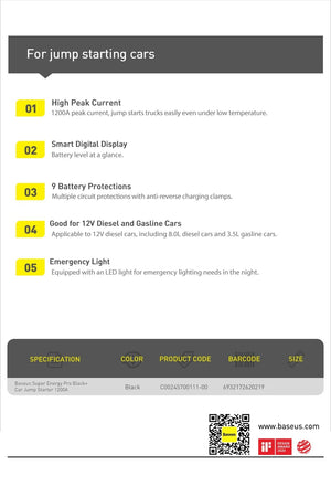 Planet Gates Baseus 1200A Car Jump Starter Power Bank 12000mAh Portable Battery Station For 2.5L/6L Car Emergency Booster Starting Device