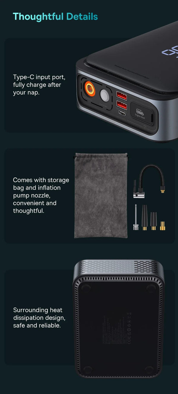 Planet Gates Baseus 2 In 1 Car Jump Starter Power Bank Air Compressor Inflator Pump 1000A Portable Power Station Car Battery Charger Booster