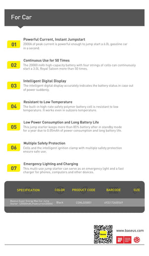 Planet Gates Baseus 20000mAh Jump Starter Power Bank 2000A 12V Portable Car Battery Starter Emergency AUTO Booster Starting Device Jump Start