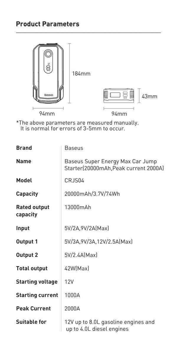 Planet Gates Baseus 20000mAh Jump Starter Power Bank 2000A 12V Portable Car Battery Starter Emergency AUTO Booster Starting Device Jump Start
