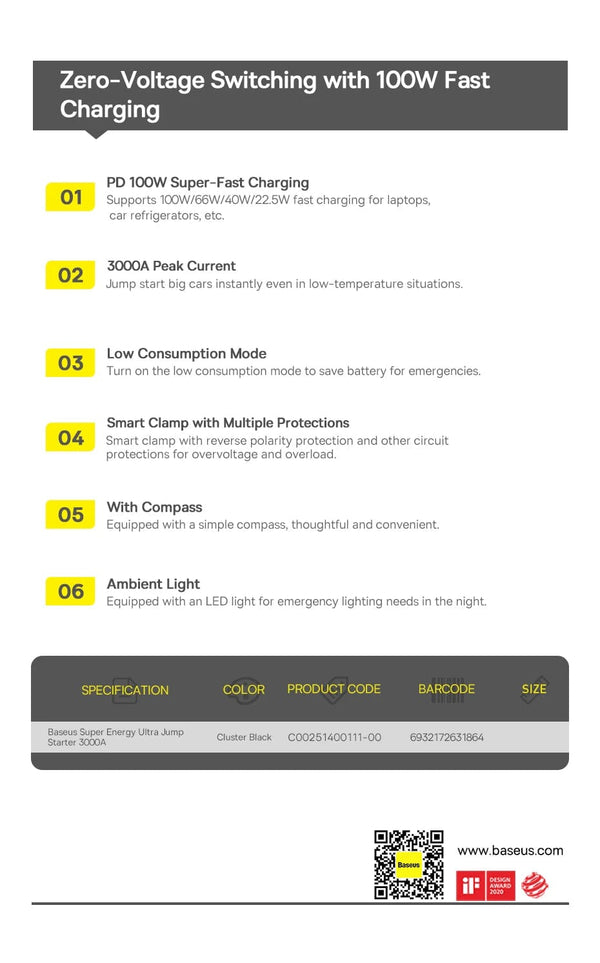 Planet Gates Baseus 3000A Car Jump Starter Power Bank 26800mAh Car Starting Device with PD 100W Fast Charging Car Battery Charger Booster