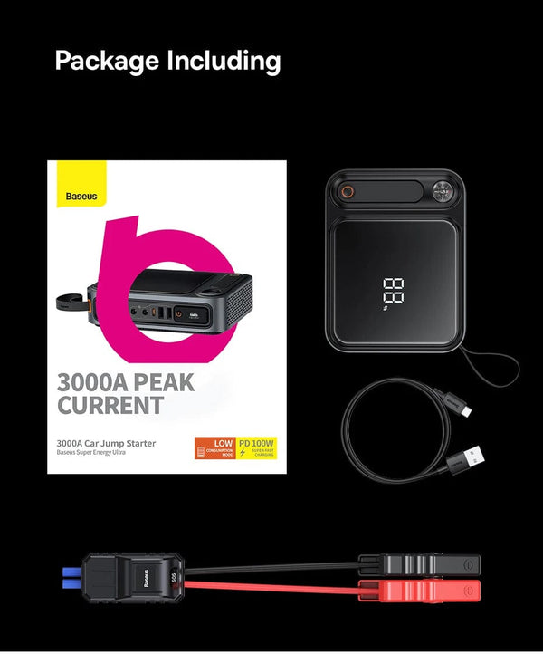 Planet Gates Baseus 3000A Car Jump Starter Power Bank 26800mAh Car Starting Device with PD 100W Fast Charging Car Battery Charger Booster