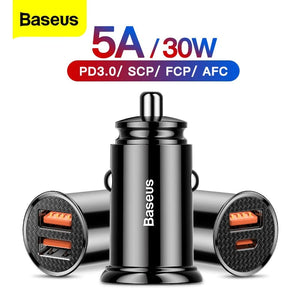 Planet Gates Baseus Dual USB Car Charger 5A Fast Charing 2 Port 12-24V Cigarette Socket Lighter Car USBC Charger for iPhone 12 Power Adapter