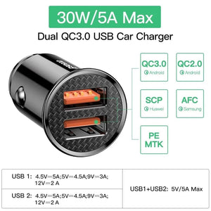 Planet Gates Baseus Dual USB Car Charger 5A Fast Charing 2 Port 12-24V Cigarette Socket Lighter Car USBC Charger for iPhone 12 Power Adapter
