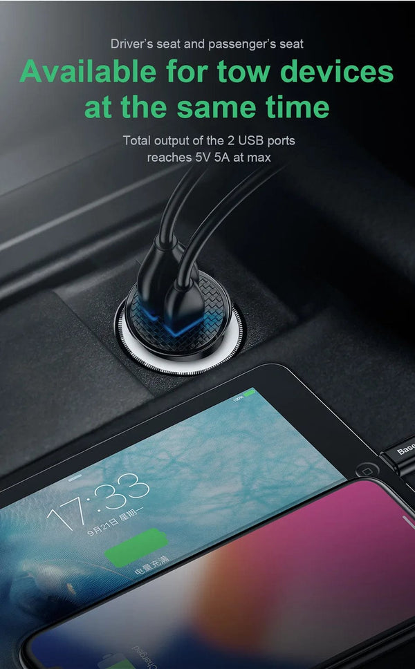Planet Gates Baseus Dual USB Car Charger 5A Fast Charing 2 Port 12-24V Cigarette Socket Lighter Car USBC Charger for iPhone 12 Power Adapter