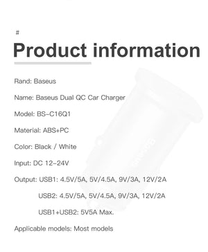 Planet Gates Baseus Dual USB Car Charger 5A Fast Charing 2 Port 12-24V Cigarette Socket Lighter Car USBC Charger for iPhone 12 Power Adapter