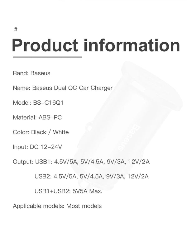 Planet Gates Baseus Dual USB Car Charger 5A Fast Charing 2 Port 12-24V Cigarette Socket Lighter Car USBC Charger for iPhone 12 Power Adapter