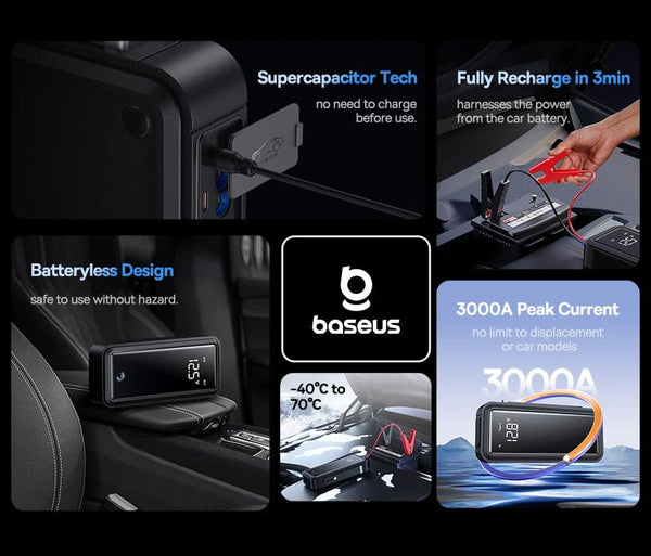 Planet Gates Baseus Super Capacitor Car Jump Starter 3000A Car Booster Device Charger Battery less Portable Car Starting for Emergency Device