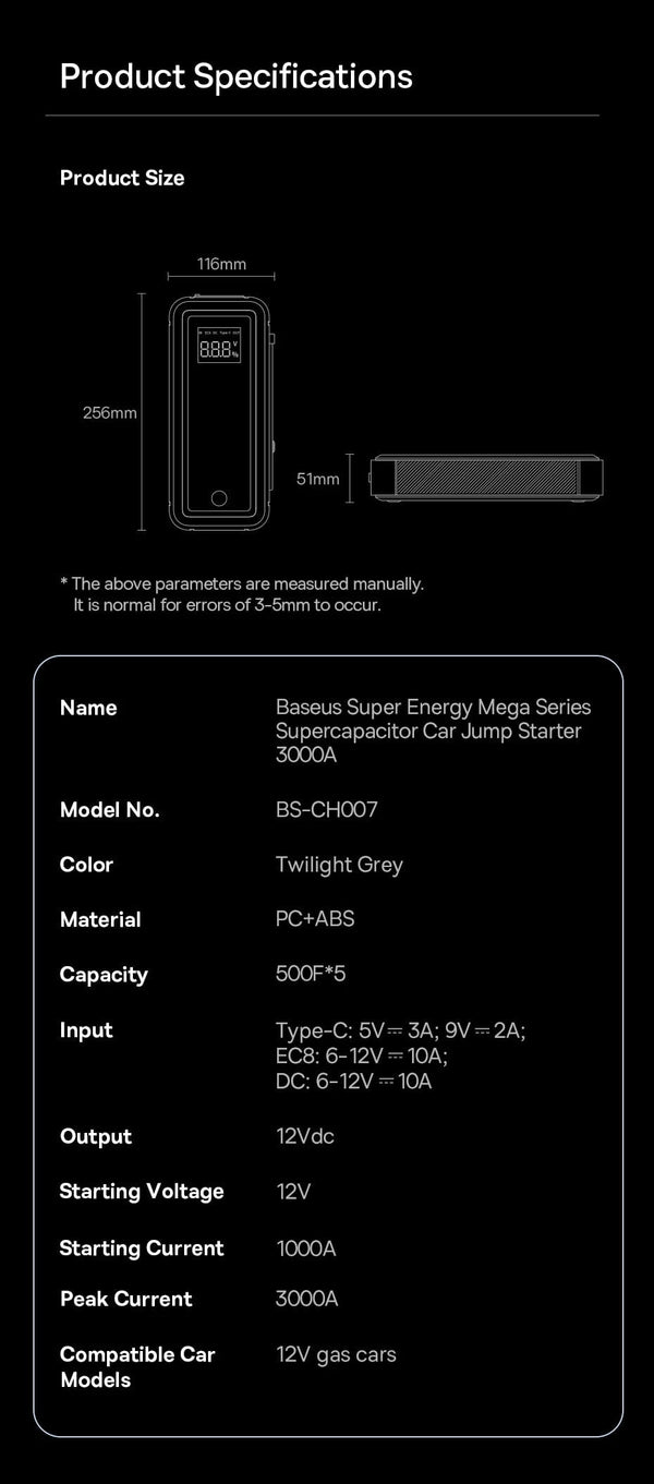 Planet Gates Baseus Super Capacitor Car Jump Starter 3000A Car Booster Device Charger Battery less Portable Car Starting for Emergency Device
