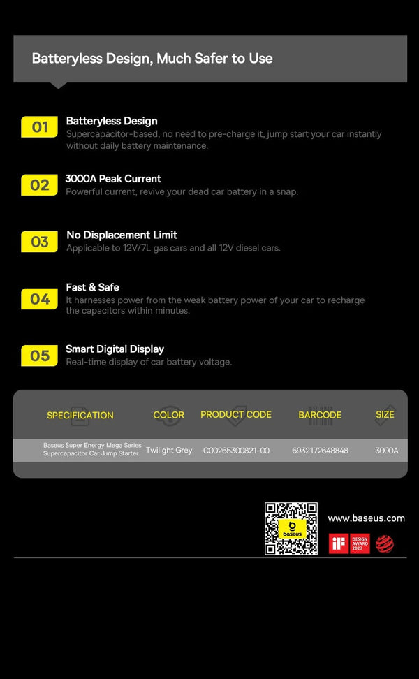 Planet Gates Baseus Super Capacitor Car Jump Starter 3000A Car Booster Device Charger Battery less Portable Car Starting for Emergency Device