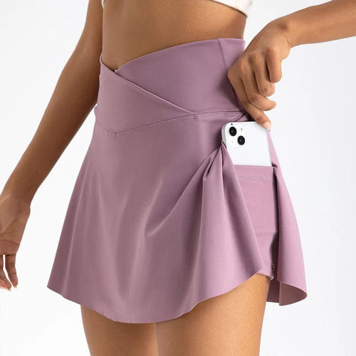 Planet Gates Bean Paste / L VITALINOVO Women's High Waisted Crossover Tennis Skirts Tummy Control Pleated Golf Skorts Skirts for Women with Shorts Pockets