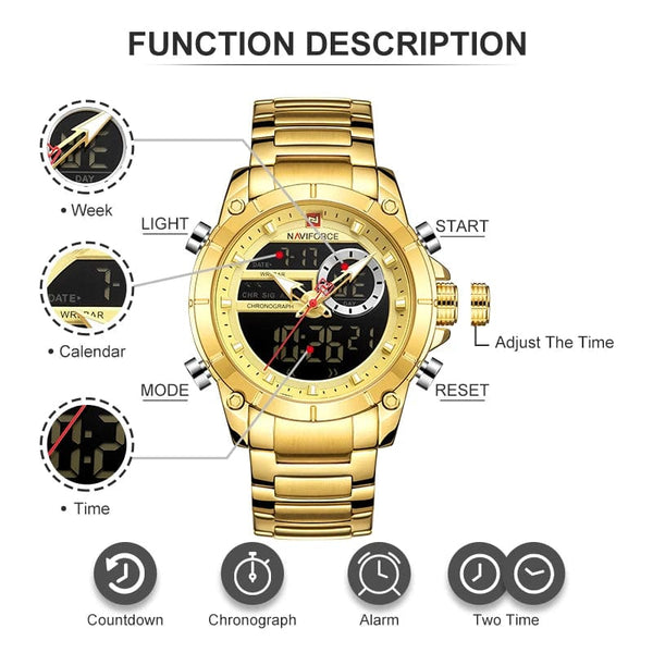 Planet Gates BEBE NAVIFORCE 9163 Luxury Original Sport Wrist Watch For Men Quartz Steel Waterproof Dual Display Military Watches Relogio Masculino
